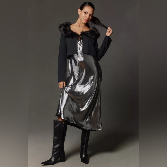 NWT! Maeve Faux-Fur Collar Crop Cardigan Sweater - Size Medium 🏀 - Picture 3 of 12